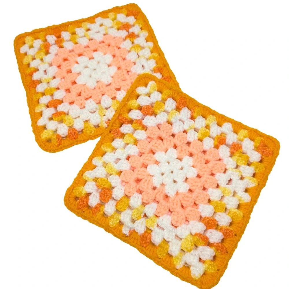 Retro Crochet Granny Square Potholders Set 2 Orange Peach 70s Kitchen Hot Pads
